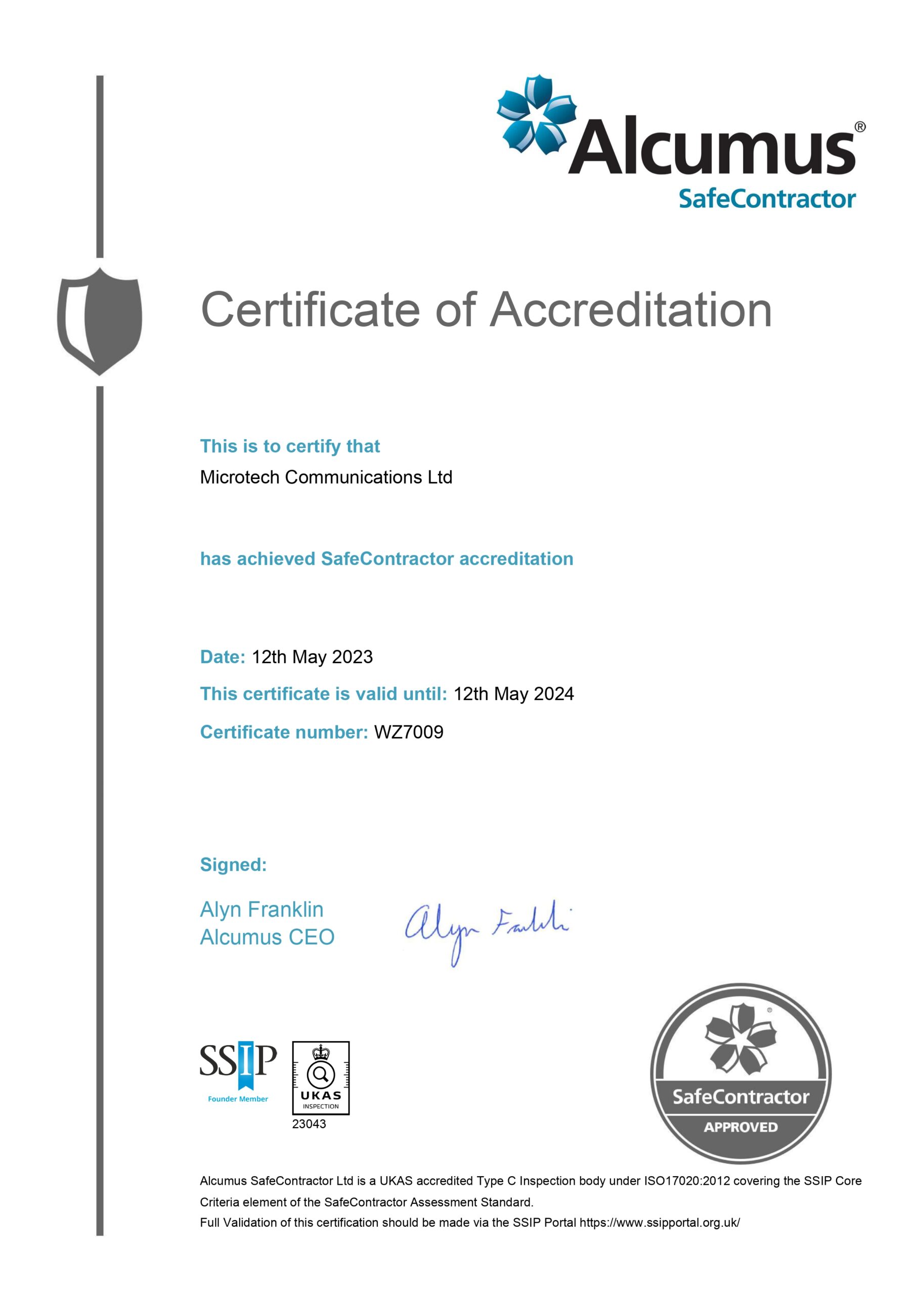 SafeContractor Certificate - Microtech IMS