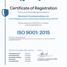 Microtech Communications ISO 9001 recertification certificate